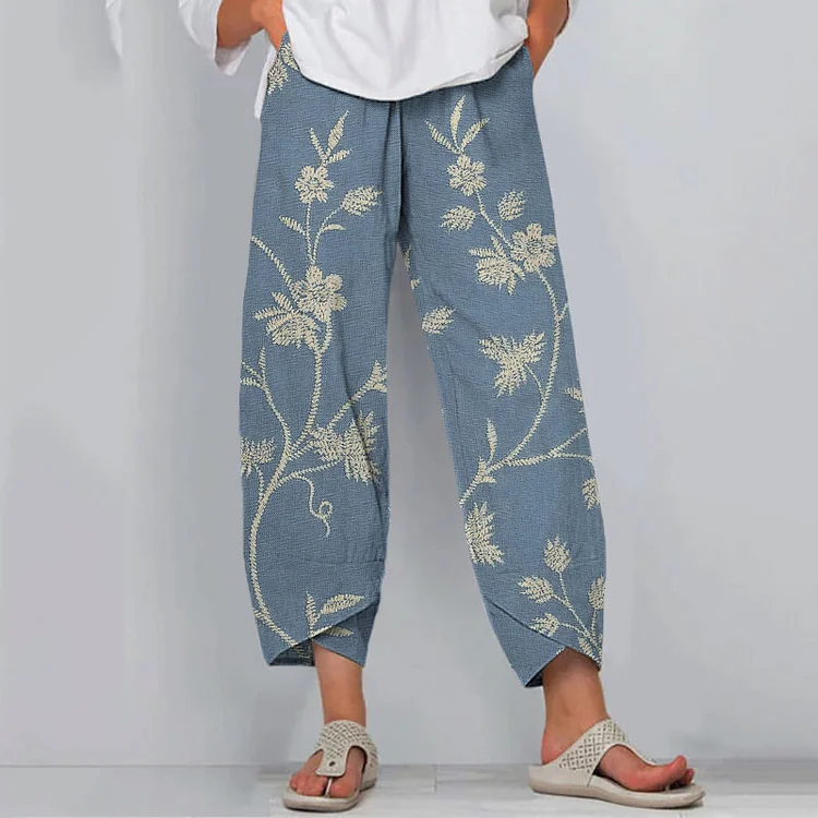 Women'S Retro Floral Art Print Casual Cotton Linen Slit Casual Pants