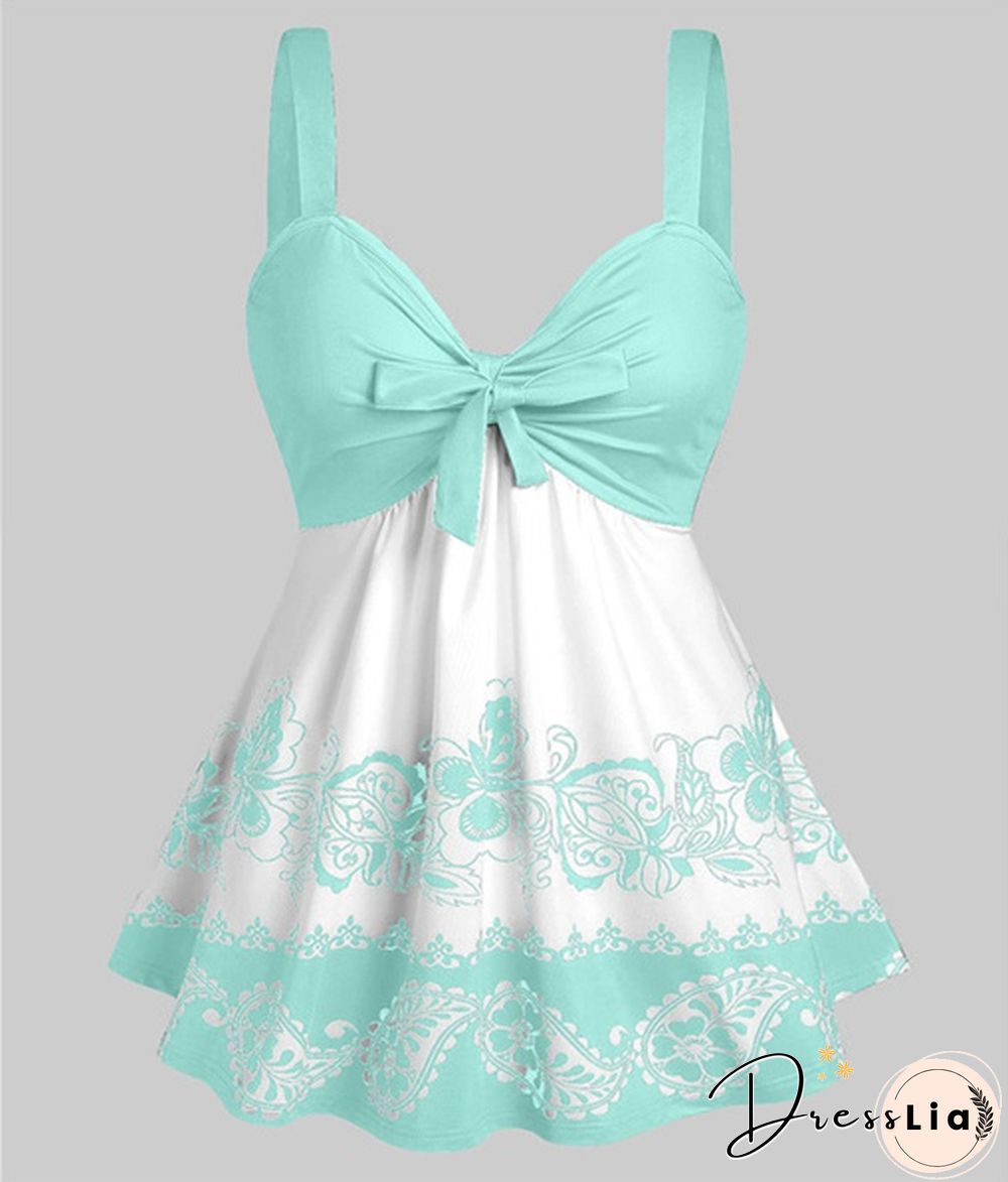 Women Fashion Plus Size Paisley Floral Print Front Tie Tank Top Summer Casual V Neck Sleeveless Tees Loose Empire Waist Curved Hem Camis Vest