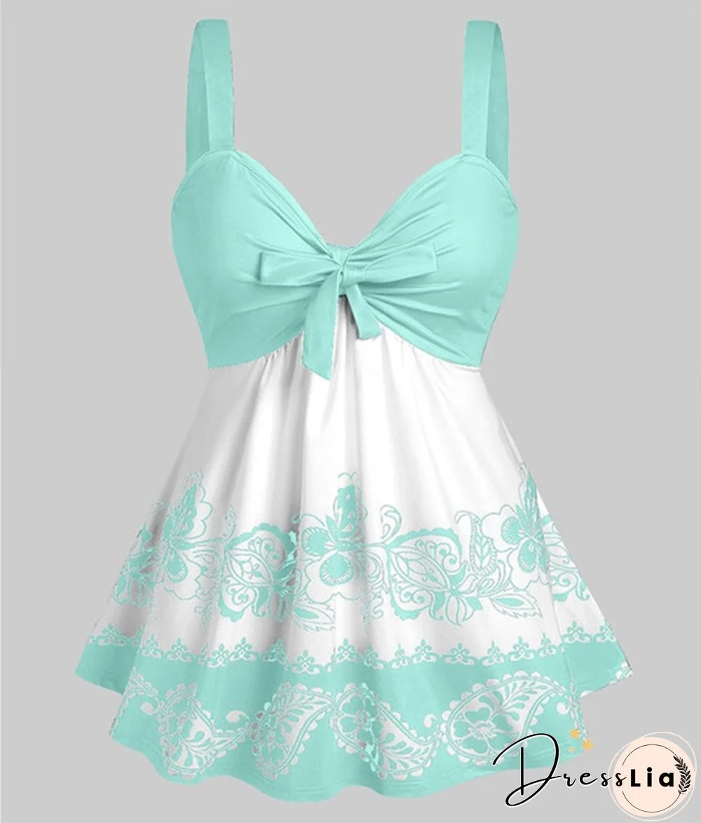 Women Fashion Plus Size Paisley Floral Print Front Tie Tank Top Summer Casual V Neck Sleeveless Tees Loose Empire Waist Curved Hem Camis Vest