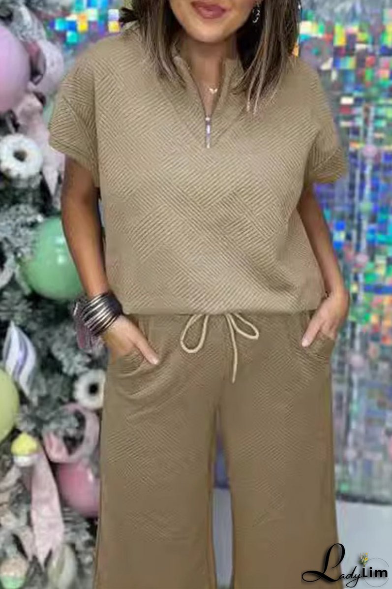 Casual Simplicity Solid Pocket Zipper Texture Turndown Collar Short Sleeve Two Pieces