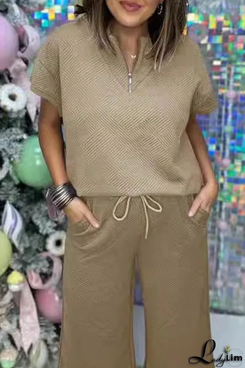 Casual Simplicity Solid Pocket Zipper Texture Turndown Collar Short Sleeve Two Pieces