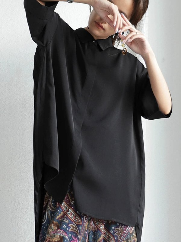 Stylish Solid Color High-Low Pleated Split-Joint Half Sleeves Blouse