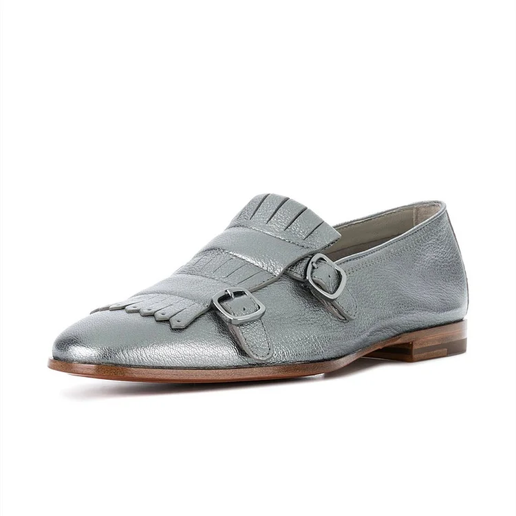Silver Round Toe Fringe Buckles Loafers for Women |FSJ Shoes