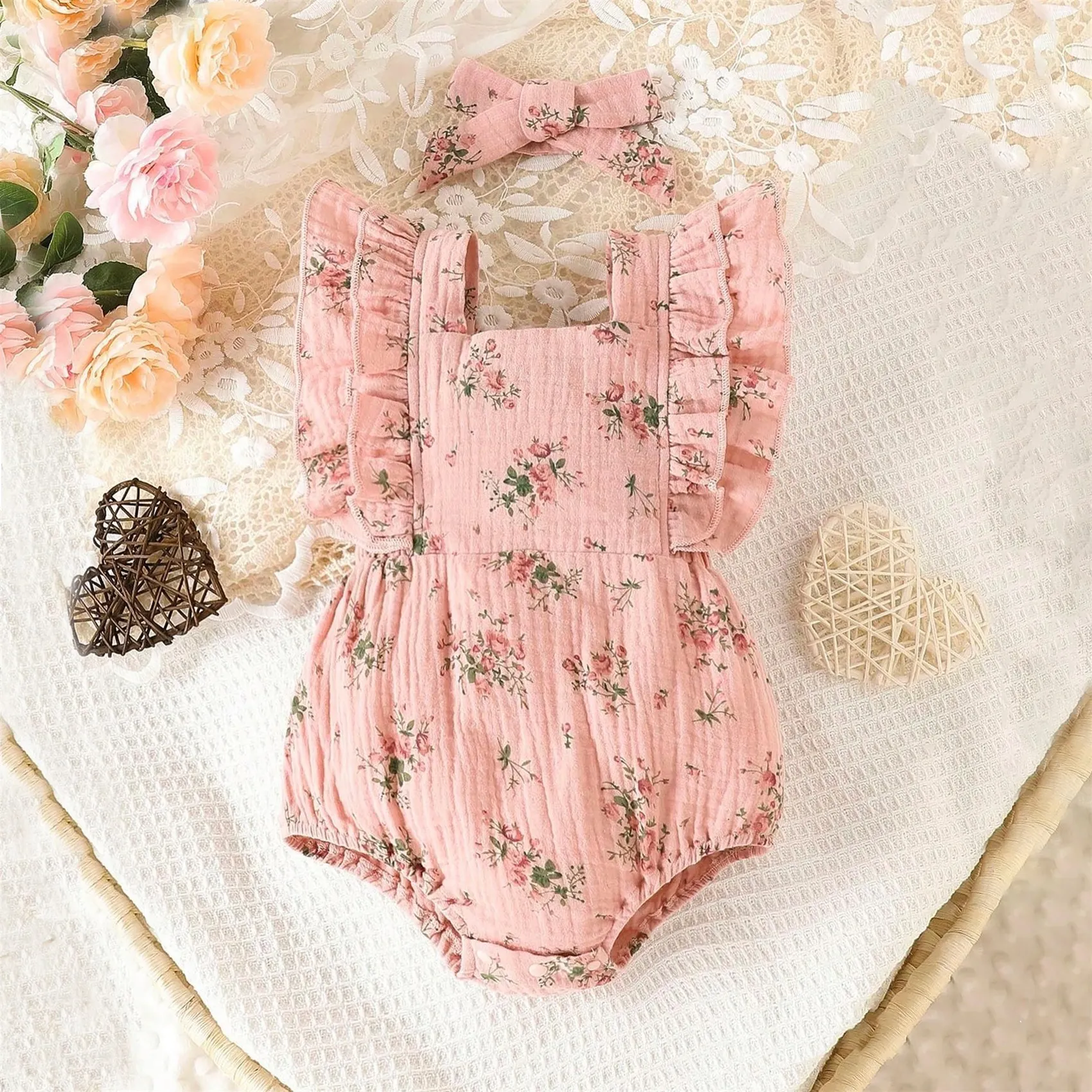 Summer Arrival Baby Boys and Girls Sleeveless Plaid or Floral Pattern Rompers