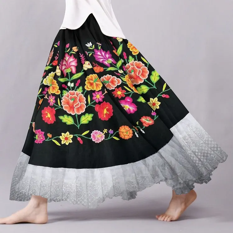 Vintage Cinco De Mayo Floral Embroidered Patchwork Lace Pattern Flowy Wide Skirt