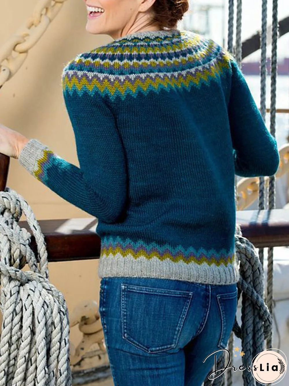 Women Vintage Ethnic Winter Polyester Micro-Elasticity Daily Plus Size Long sleeve Crew Neck Sweater