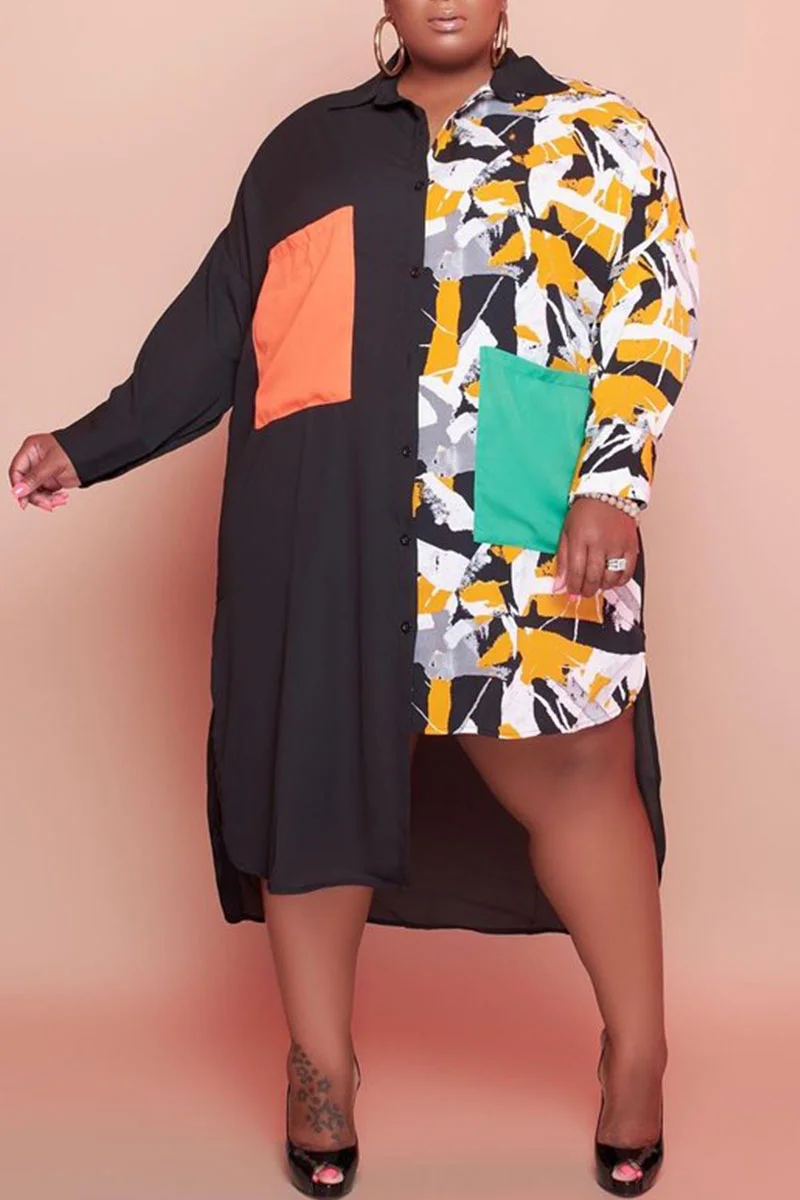 Colour Casual Print Patchwork Turndown Collar Shirt Dress Plus Size Dresses | EGEMISS