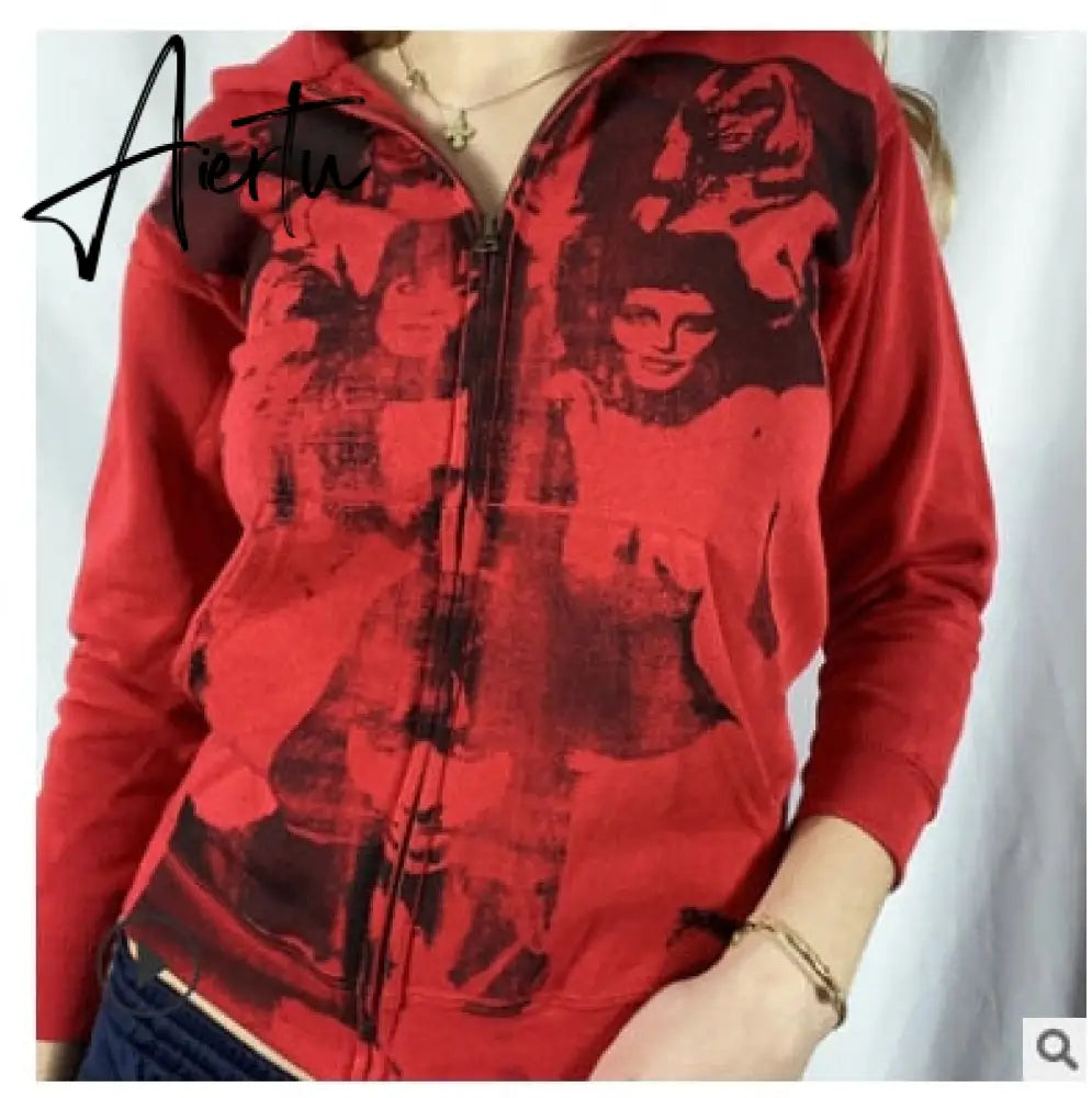 Y2K Aesthetic Women Hoodies with Pockets 90s Vintage Graphic Printed Zipper Coat Top E-girl Sweatshirt Green Autumn fairy grunge Aiertu