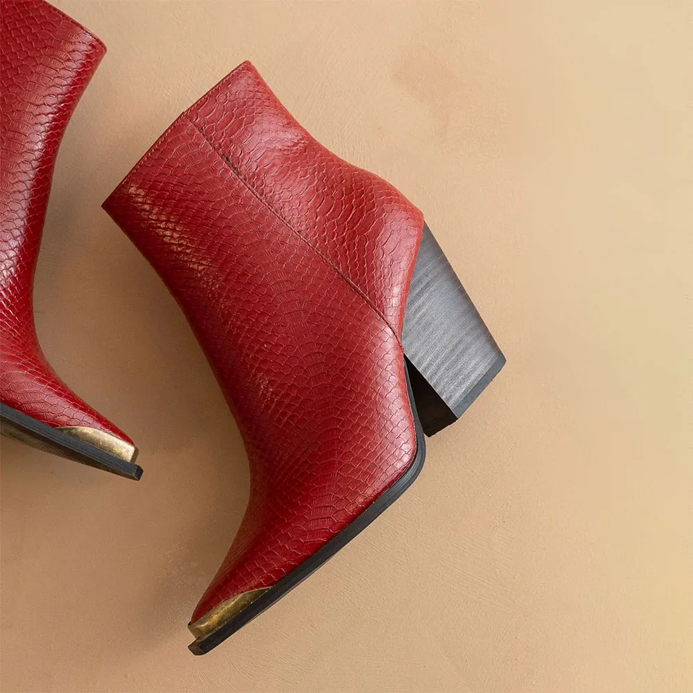 Red Snip Toe Chunky Heel Snake Embossed Zipper Western Boots for Women