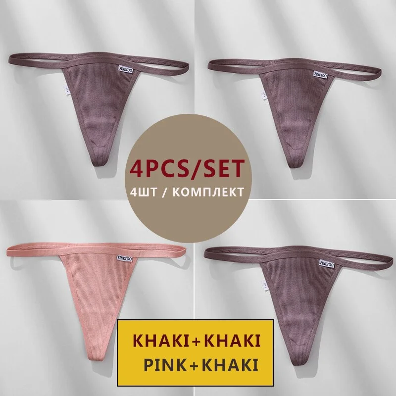 FINETOO 4PCS/Set Cotton Women Panties Woman Thong G-string Underwear Pantys Sexy Low Waist Underpant For Ladies Lingerie Female