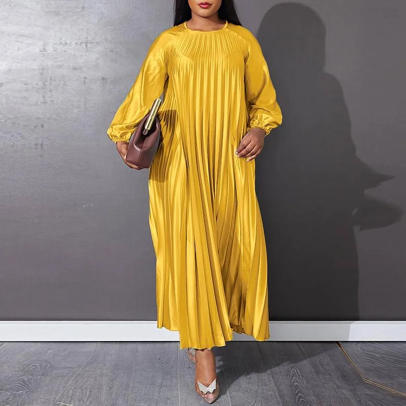 VONDA Long Dresses 2022 Women Long Sleeve Vestidos Female A-Line Solid O-Neck Loose Satin Slik Robes Pleated Sundress Oversize