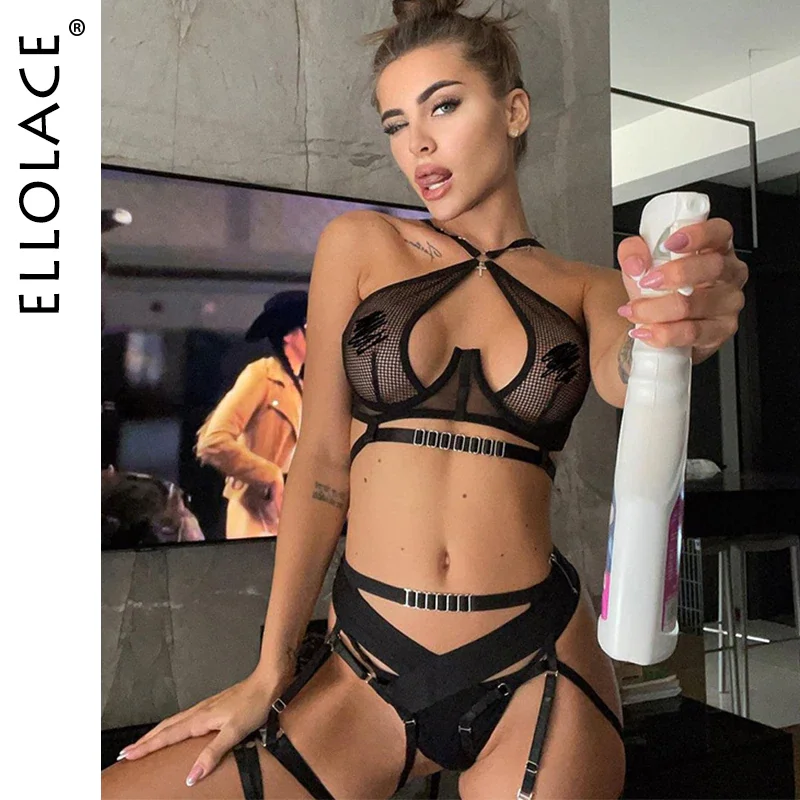 Billionm Ellolace Sexy Lingerie Halter Transparent Bras Mesh Lace Underwear 4-Pieces Push Upp Underwire See Through Sensual Erotic Sets