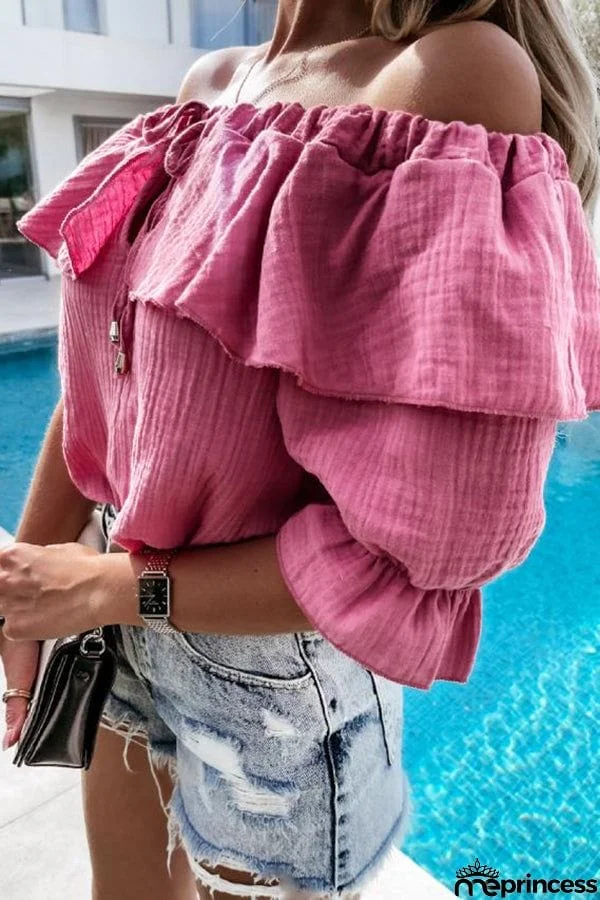 Off Shoulder Ruffle Solid Short Sleeve Shirt