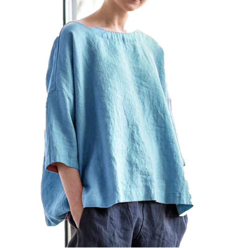 Women's Round Neck Cotton Linen Loose Top Retro Style Three Quarter Sleeves