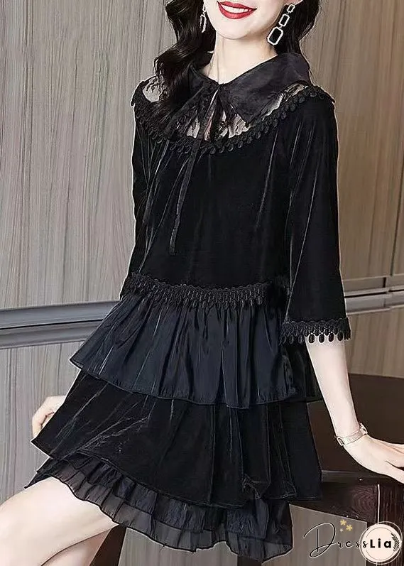 Women Black Ruffled Tasseled Patchwork Velour Mid Dress Fall