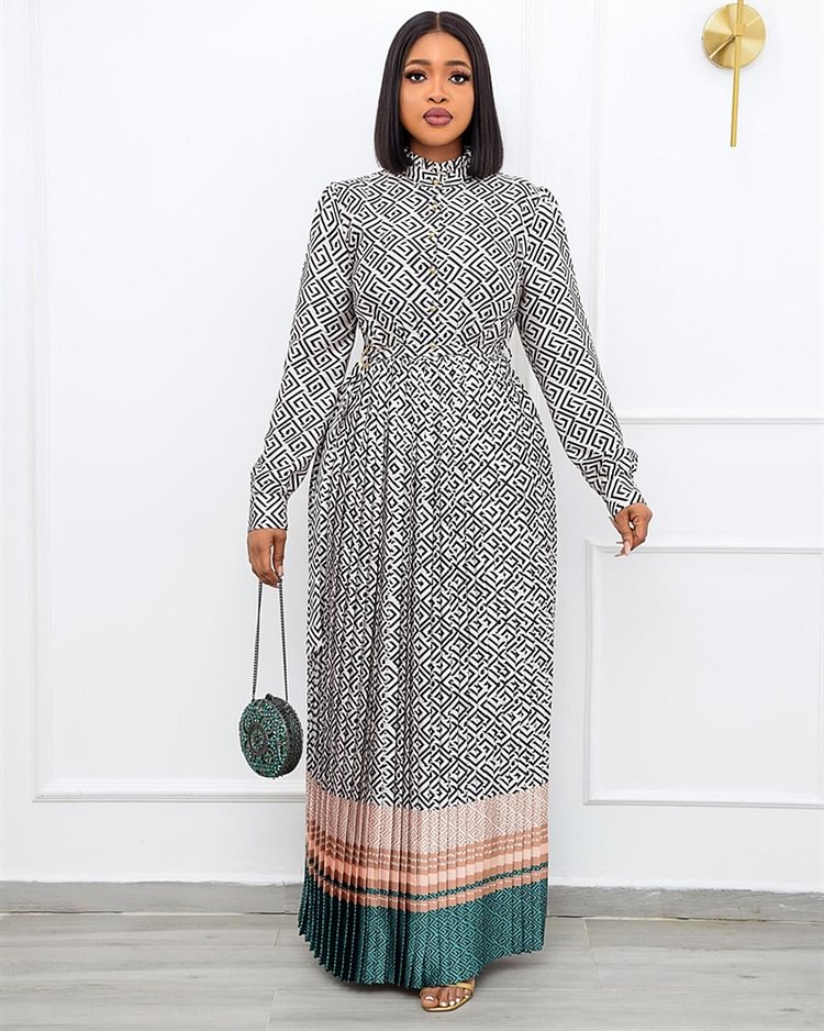 Round Neck Printed Oversized Long Pleated Dress QueenFunky
