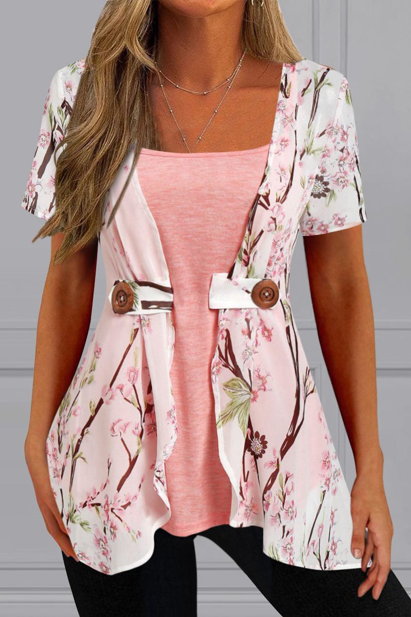 Plus Size Square Neck Botany Print Short Sleeve Two Pieces Set Blouse
