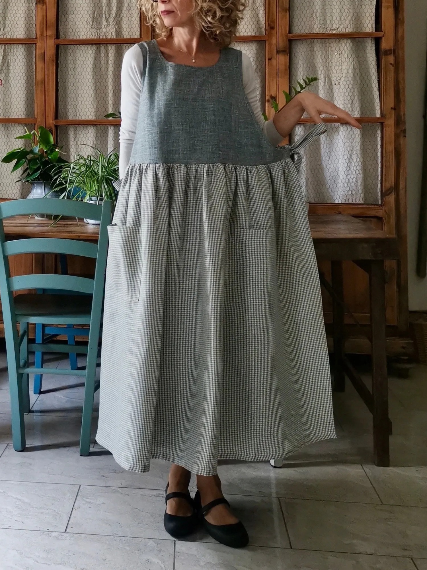 Grey Gingham Linen Apron