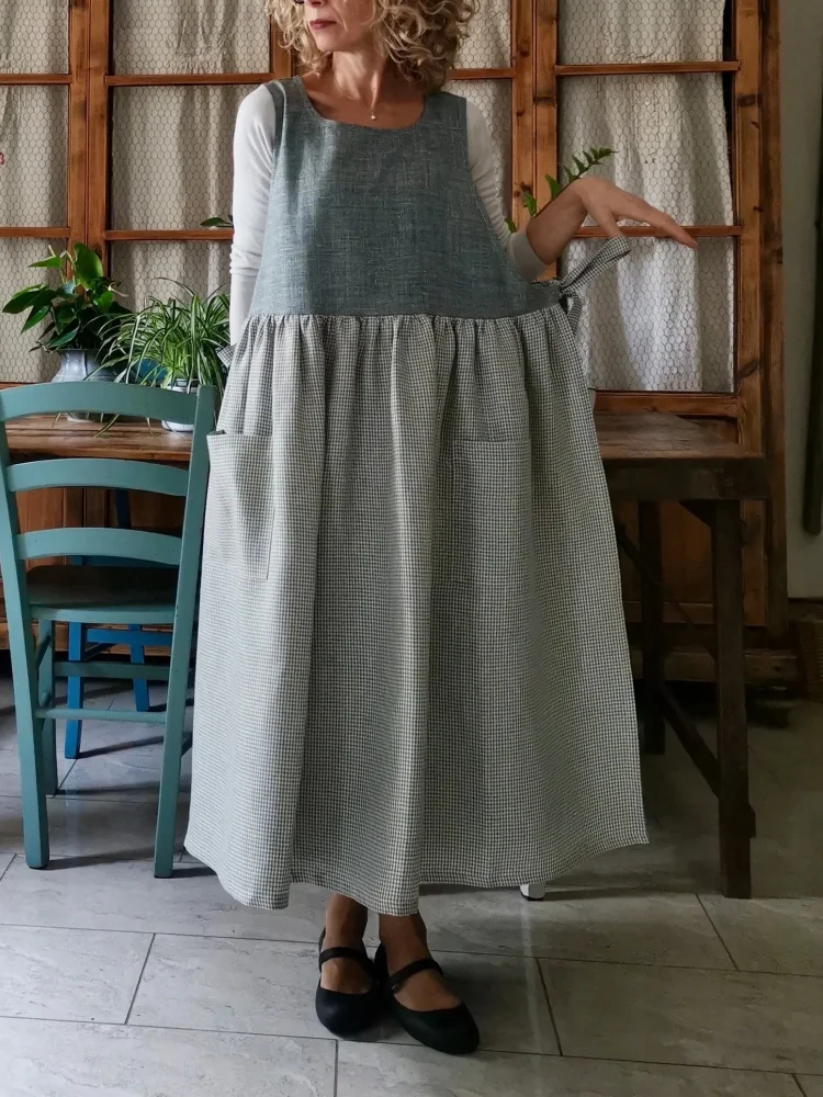 Grey Gingham Linen Apron