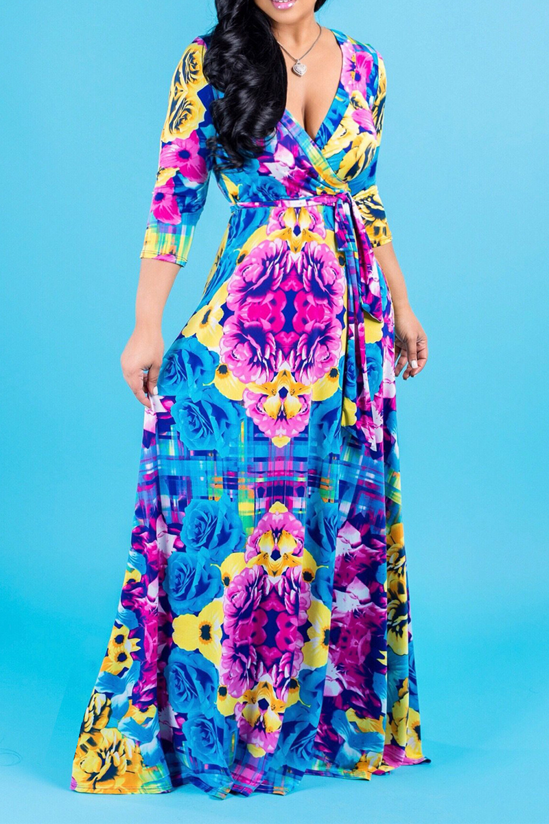 Sexy Print Split Joint V Neck Waist Skirt Dresses