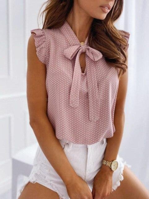 Casual Polka Dot Ruffle Shirt Blouse Women Summer Fashion Lace Up Vintage Blusa Bow Short Sleeve Chiffon Shirts Tops Women 2021 - Shop Trendy Women's Fashion | TeeYours