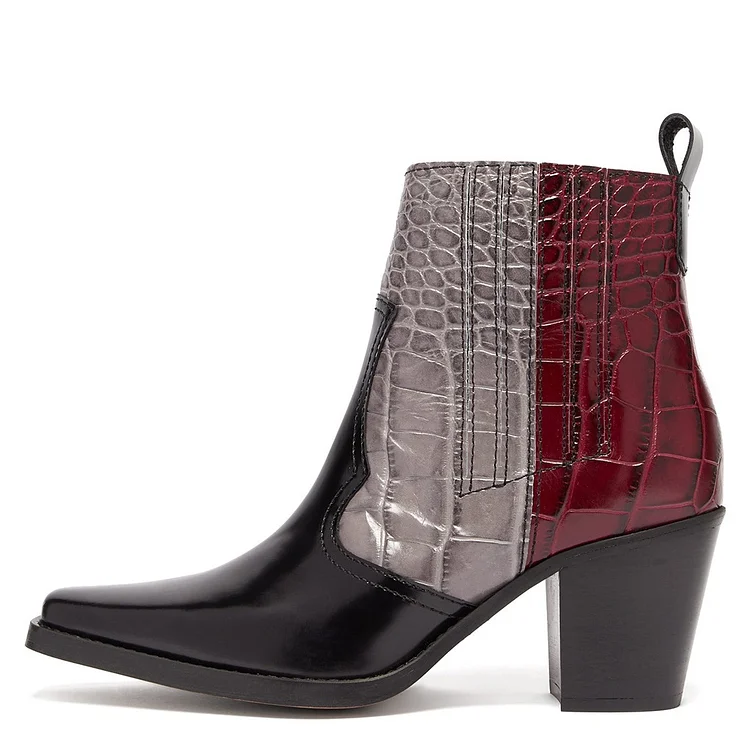 Multi-Color Square Toe Block Heel Western Boots Ankle Boots |FSJ Shoes