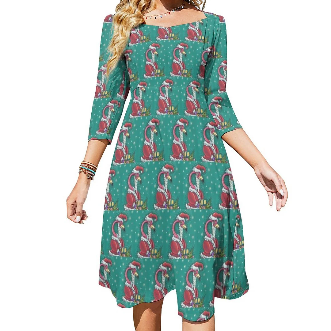 Hot Pink Flamingo Santa Claus Christmas Dress Sweetheart Tie Back Flared 3/4 Sleeve Midi Dresses