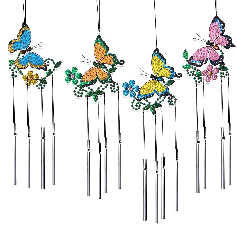 4pcs DIY Flowers Butterfly Acrylic Diamond Painting Crystal Wind Chimes Pendant Kit Decor