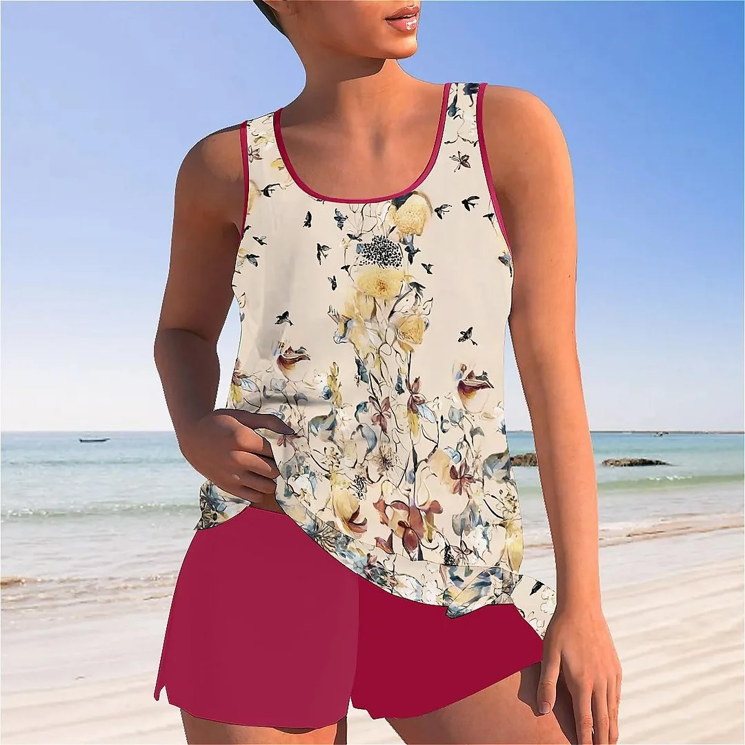 Bowknot Apricot,Floral,Blue Mid Waisted Tankini Set - Plus Size Available