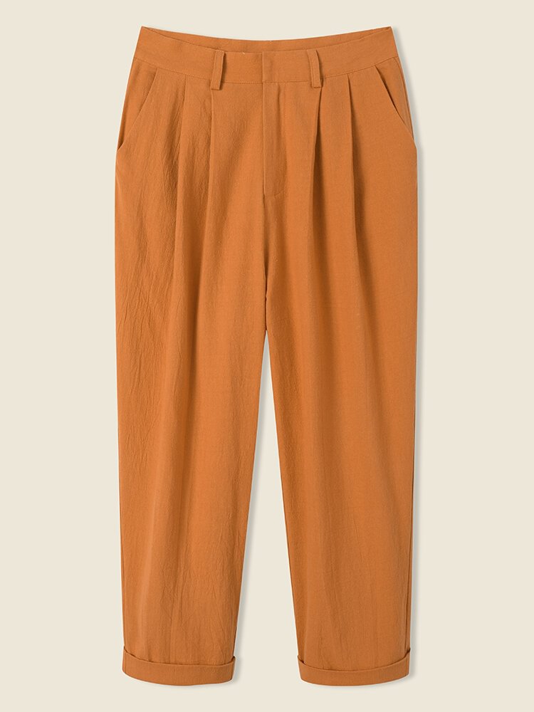Solid Pocket Pleated Zip Front Casual Pants For Women