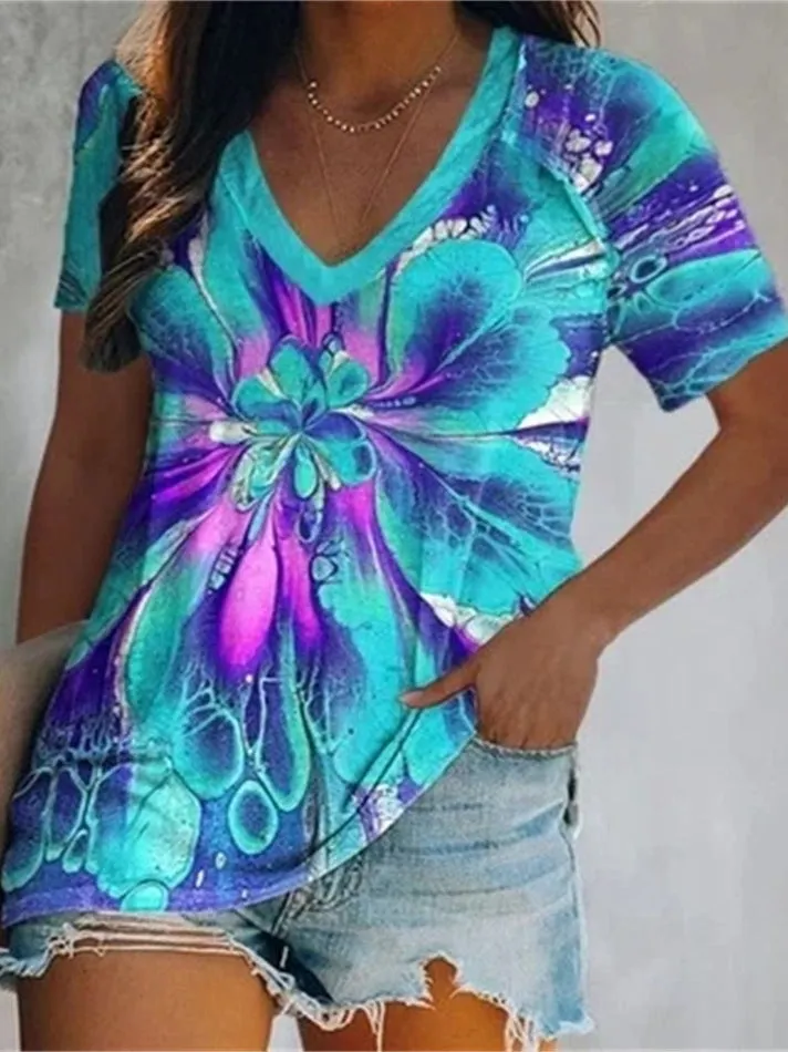 Women's Floral Printed Short Sleeve V-neck T-shirt Top