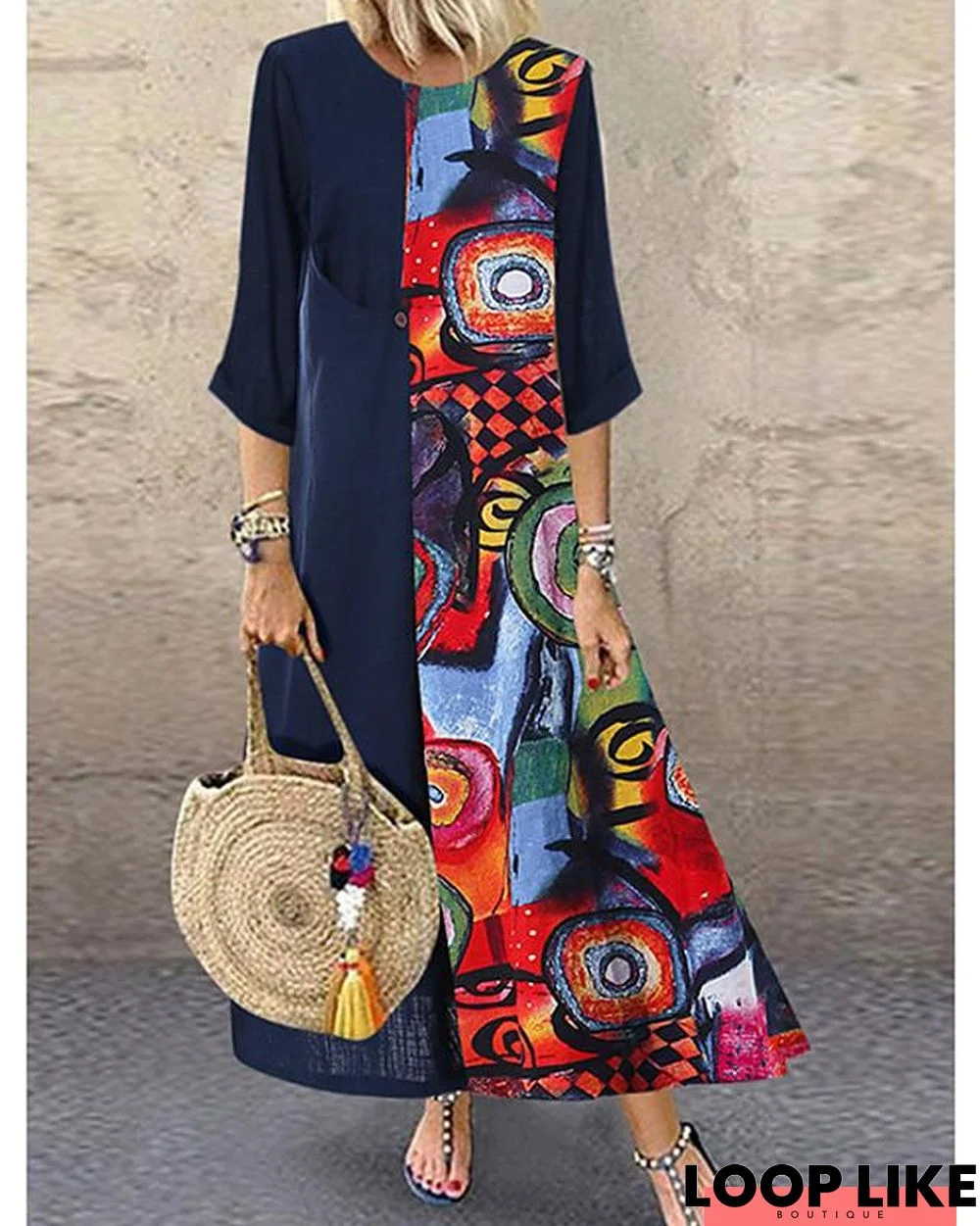 Women's A-Line Dress Maxi Long Dress 3/4 Length Sleeve Print Patchwork Print Spring Summer Casual Vintage Red Yellow