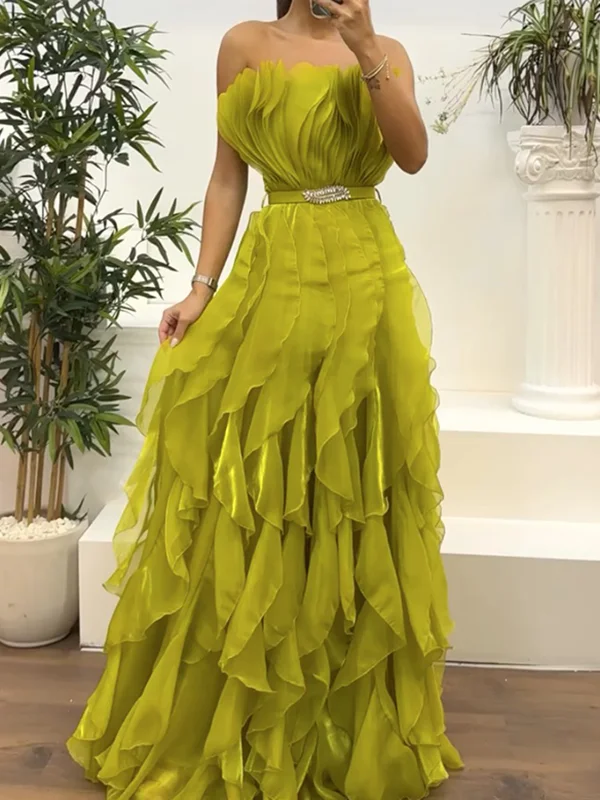 Solid ruffled Pleated a-line tube Evening Maxi Dresses
