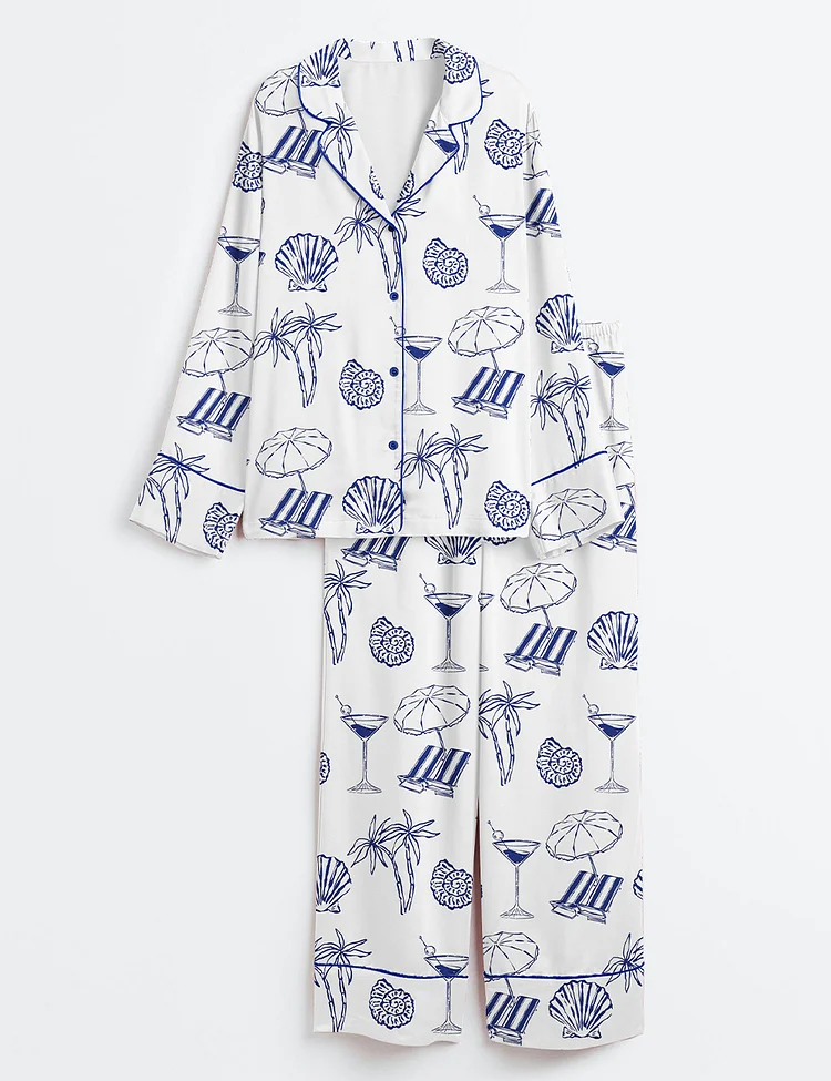 Women&rsquo;s Coastal Doodle Last Toast On The Coast Summer Beach Print Long Sleeve Satin Pajama Set