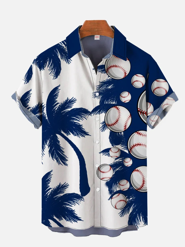 Vintage Blue And White Stitching Baseball Hawaiian Palm Tree Printing Short Sleeve Shirt