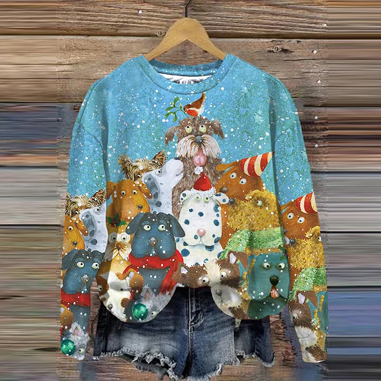 Comstylish Christmas Dog Print Crew Neck Casual Sweatshirt
