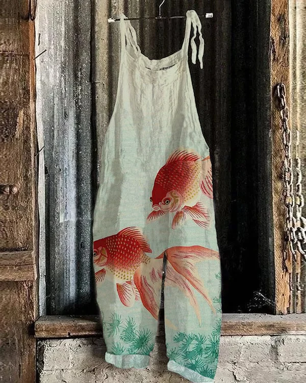 Vintage Japanese Fish Art Print Loose Jumpsuit