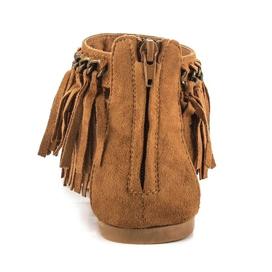 Tan Vegan Suede Round Toe Flip Flop Flat Boho Sandals with Tassels