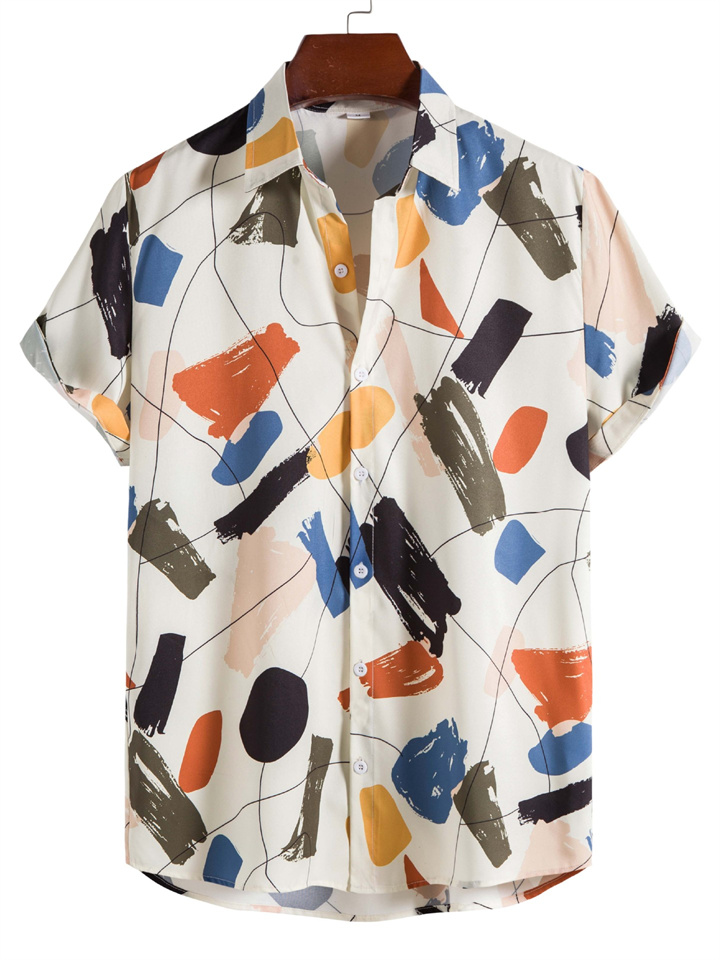 Men's Summer Casual White Graffiti Lapel Cotton Slim Type Printing Four Seasons Universal Shirt