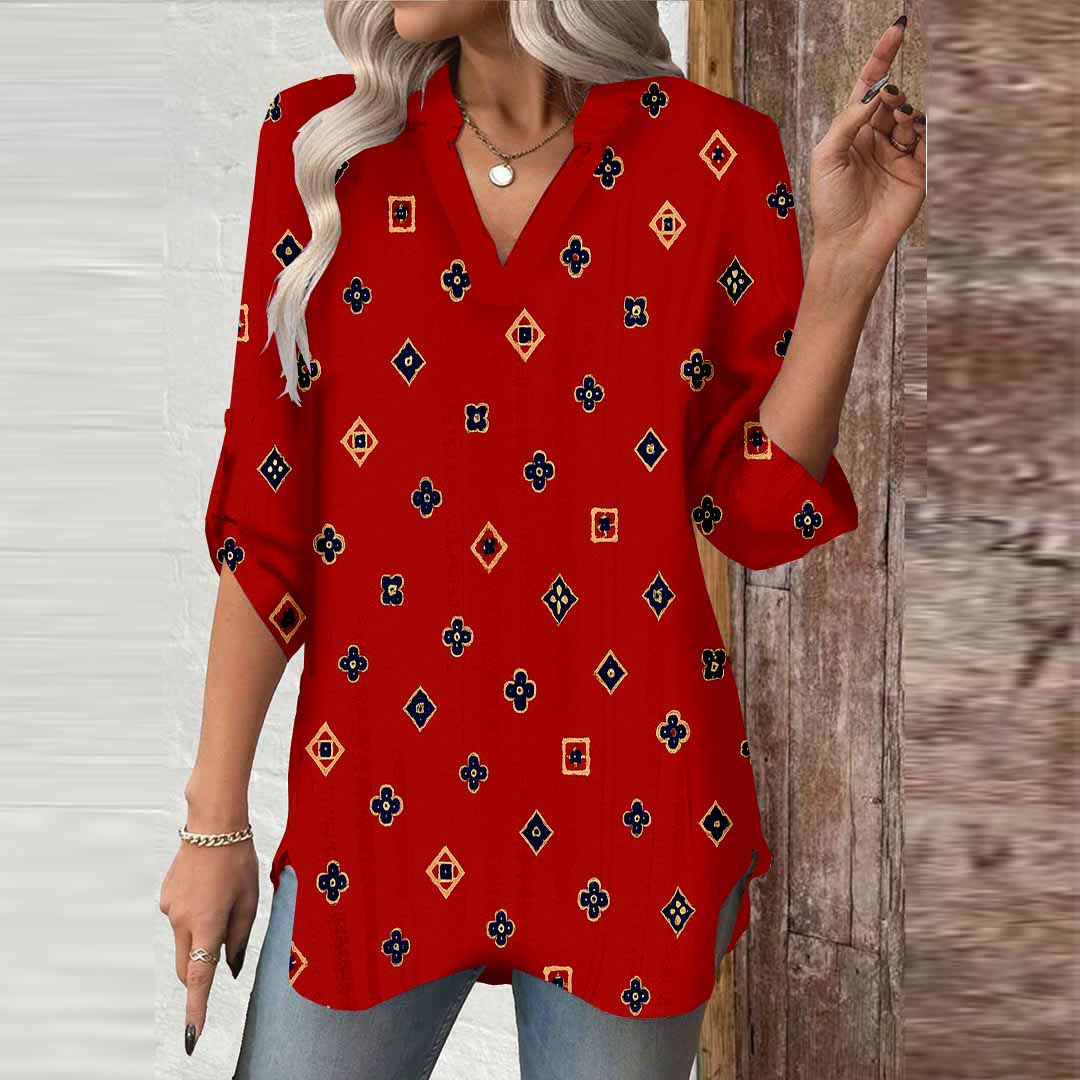 Women Polka Dot,  Red DZGA0414 3/4 Sleeve V-neck Printed Graphic Button Tops