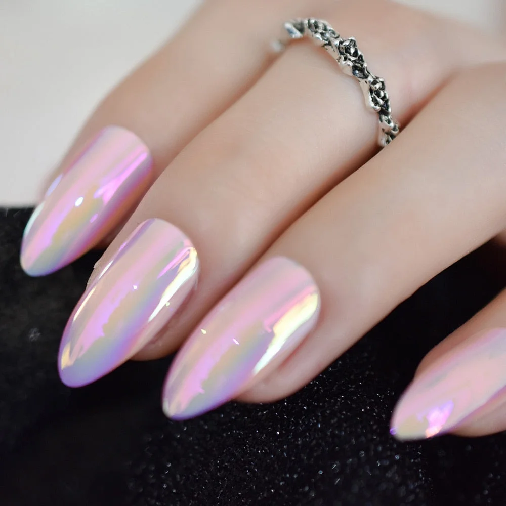 Holographic Silver Glitter Press On Nails Short Style Daily Wear Nude Pink Lady False Nails Oval Shape Nail Art Tips 515-Nail Inspo