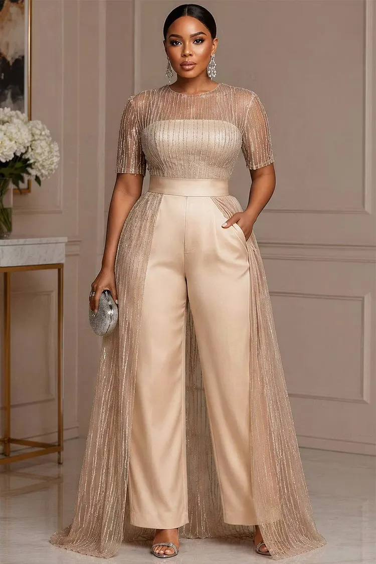 Xpluswear Design Plus Size Formal Satin Champagne Round Neck Short Sleeve With&nbsp;Skirt&nbsp;Overlay&nbsp;Pocket Tulle Jumpsuits 2024 - Xpluswear