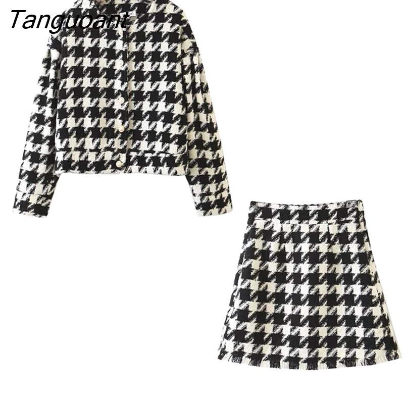 Tanguoant Sweet Women Pearl Button Black Check Gingham Plaid Blazer High Waist Mini Short Skirts Long Sleeve Suits 2 Pieces Set