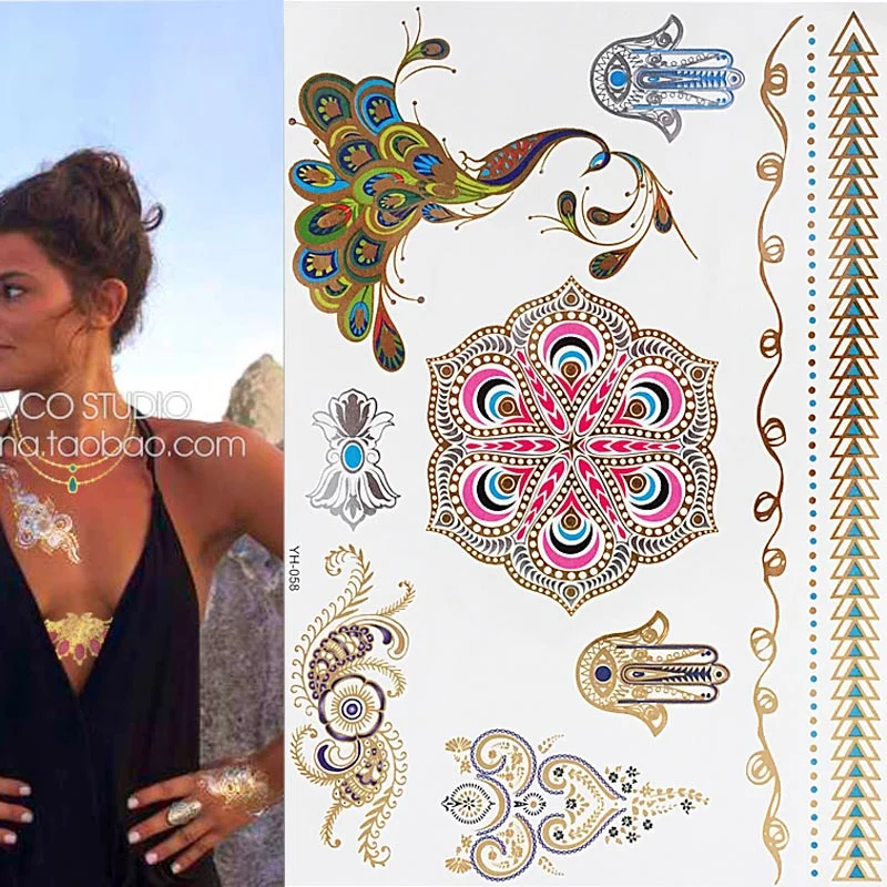 Hot Flash Metallic Waterproof Temporary Tattoo Gold Silver Tatoo Women Henna Boho Floral Design Tattoo Sticker