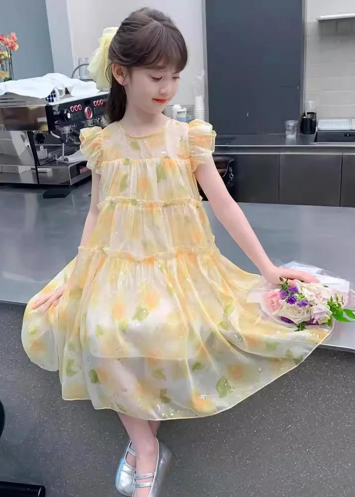 Cute Yellow O-Neck Ruffled Chiffon Girls Long Dress Summer