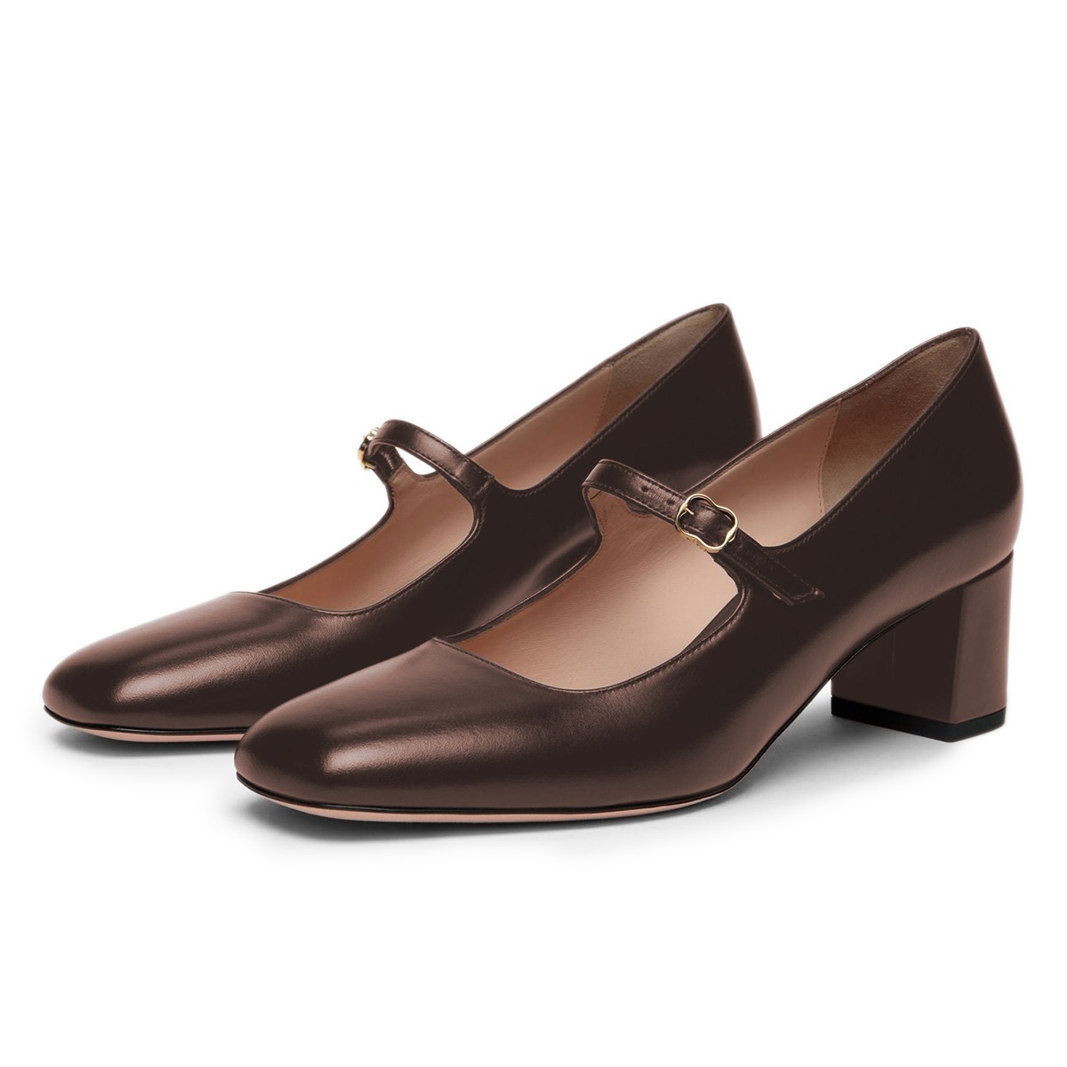 Brown Vegan Leather Square Toe Buckle Strap Mary Jane Pumps Nicepairs