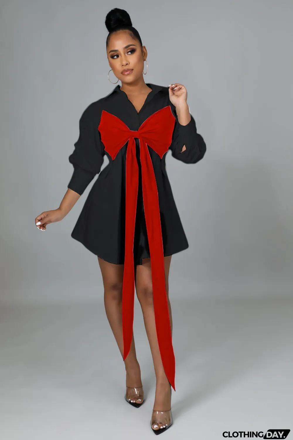 Contrast Colot Bow-Tie Long Sleeve Shirt Dress