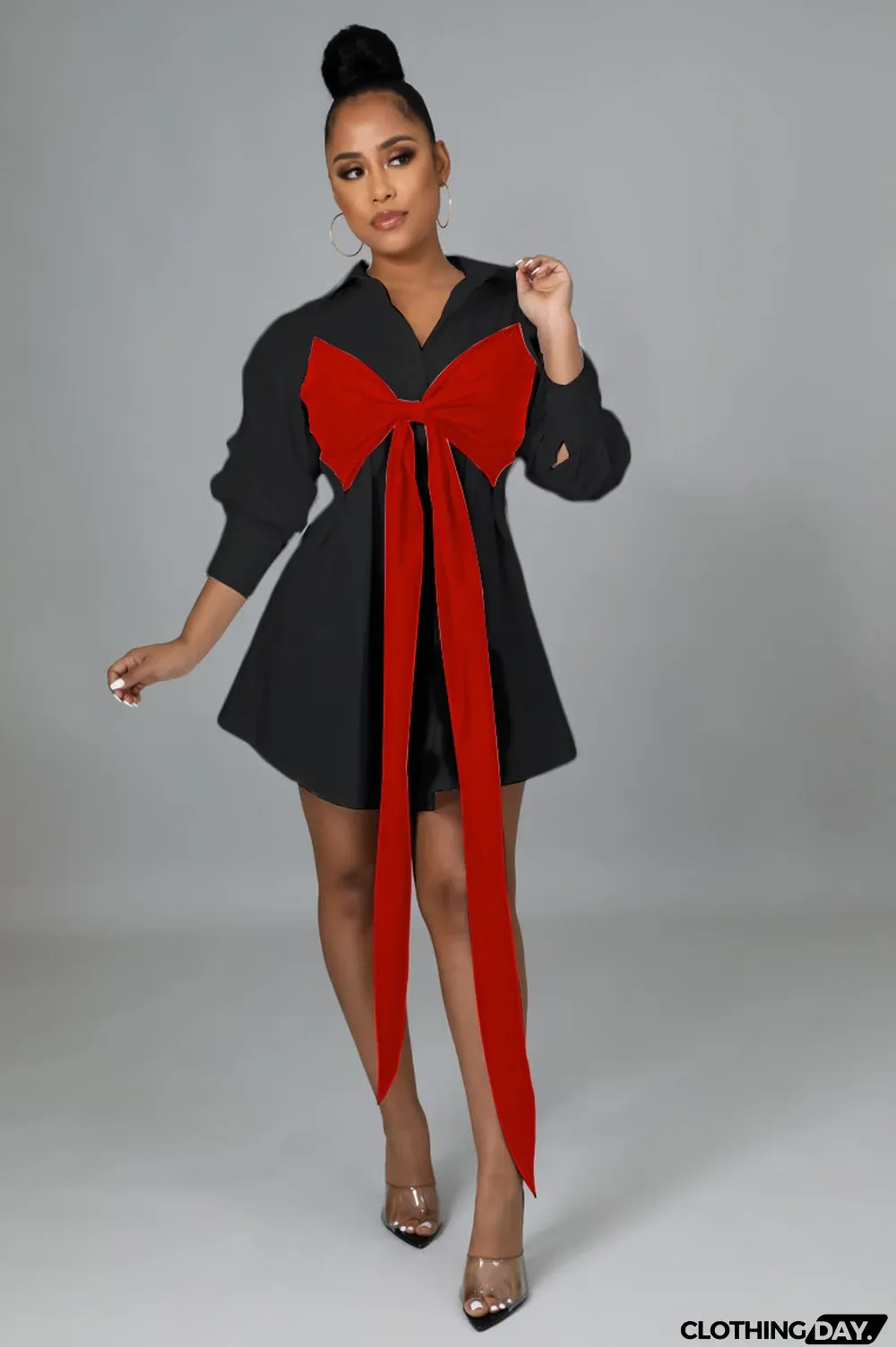 Contrast Colot Bow-Tie Long Sleeve Shirt Dress