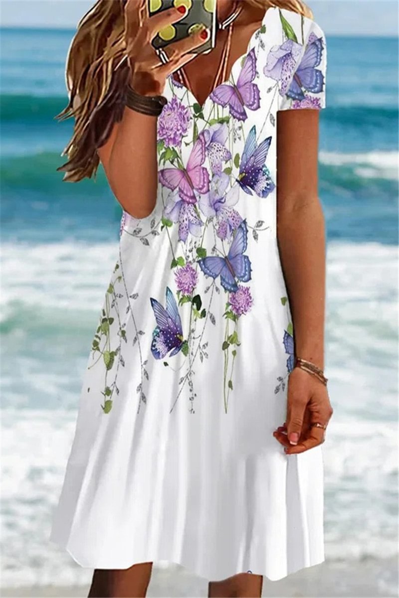 Plus Size Butterfly Floral Print Cascade V Neck Short Sleeve Midi Dress