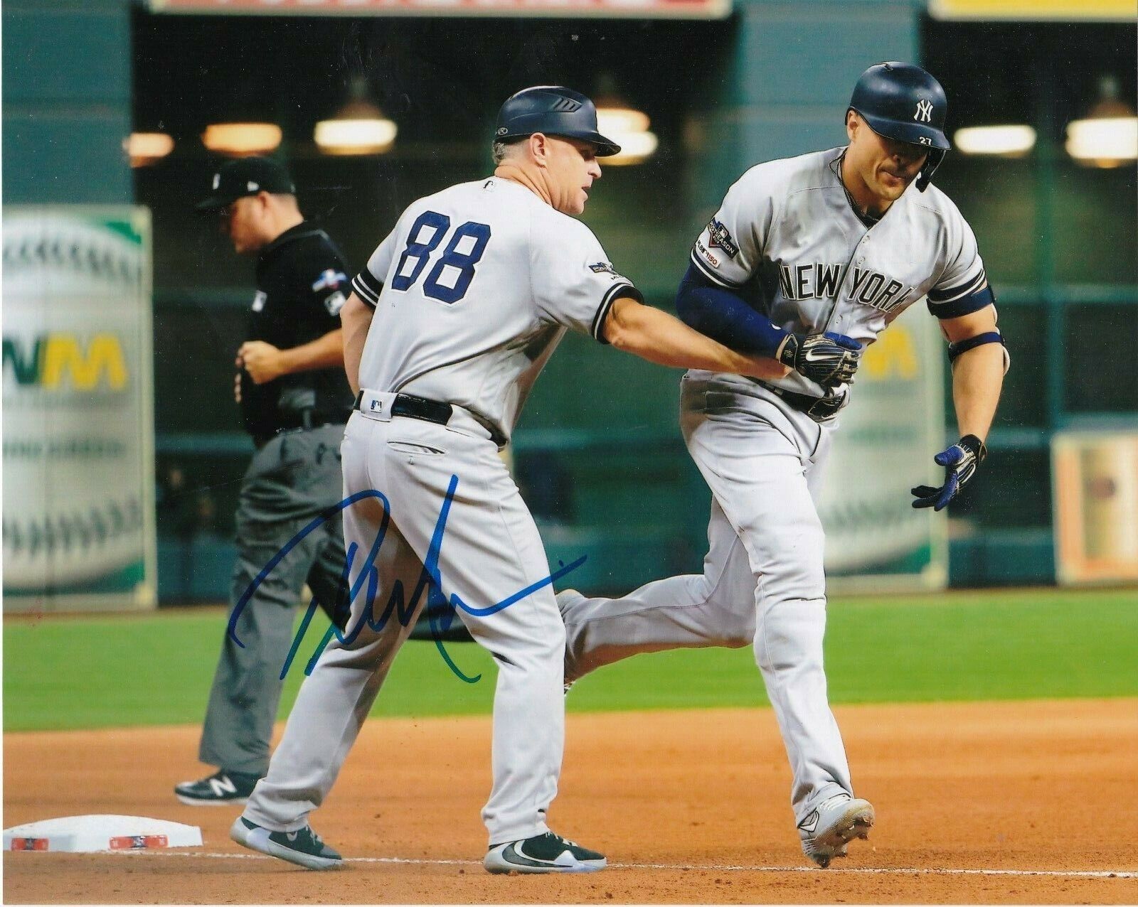 PHIL NEVIN NEW YORK YANKEES W/ GIANCARLO STANTON ACTION SIGNED 8x10